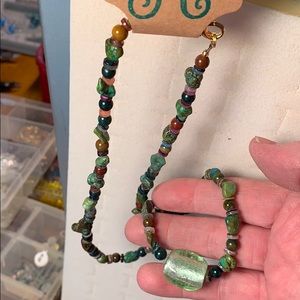 multi earthtone beaded necklace w glass pendant